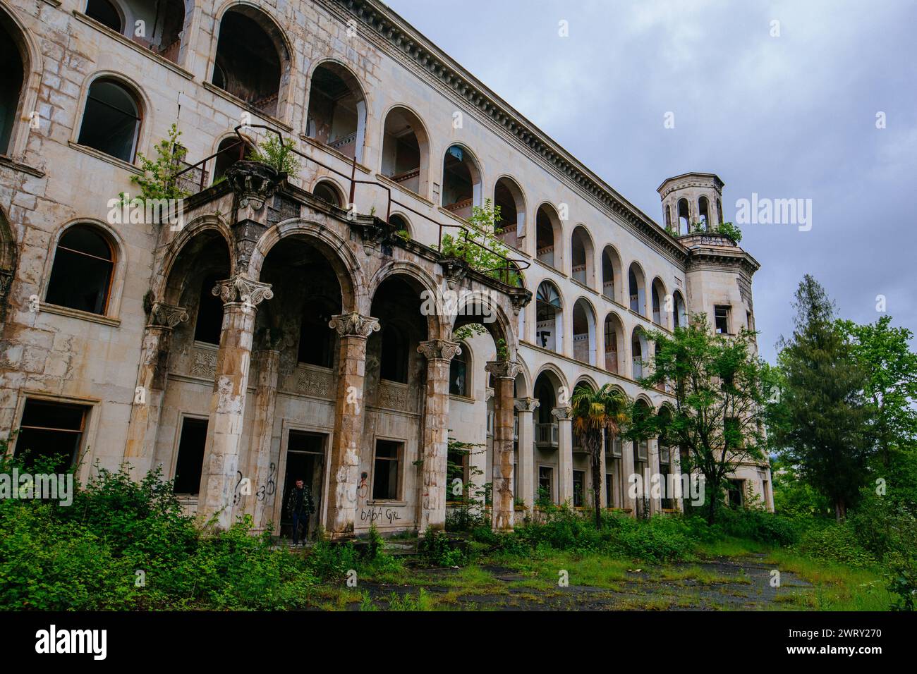 Ruined overgrown old abandoned Soviet sanatorium Iveria, Tskaltubo ...