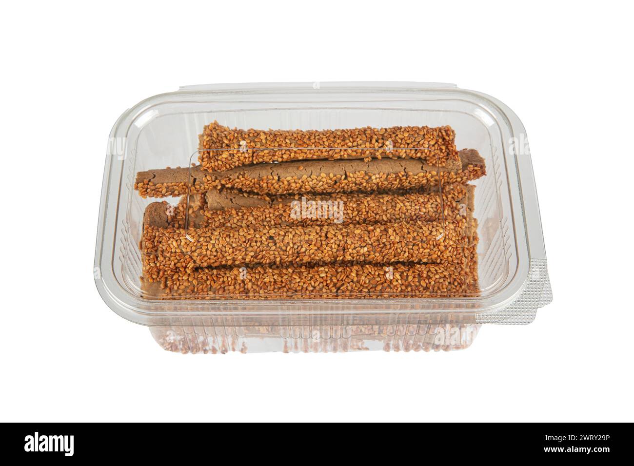 Sesame stick crackers, crispy bread straw. Pretzel bread sticks with sesame seeds, snacks Stock