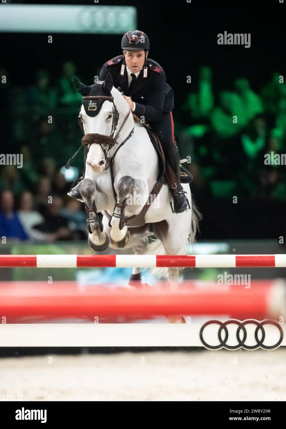 Denbosch, Netherlands - March 10, 2024. Emmanuele Gaudiano from Italy and riding Jaja compete in a 1.45 Speed Class during the 2024 Rolex Dutch Master Stock Photo