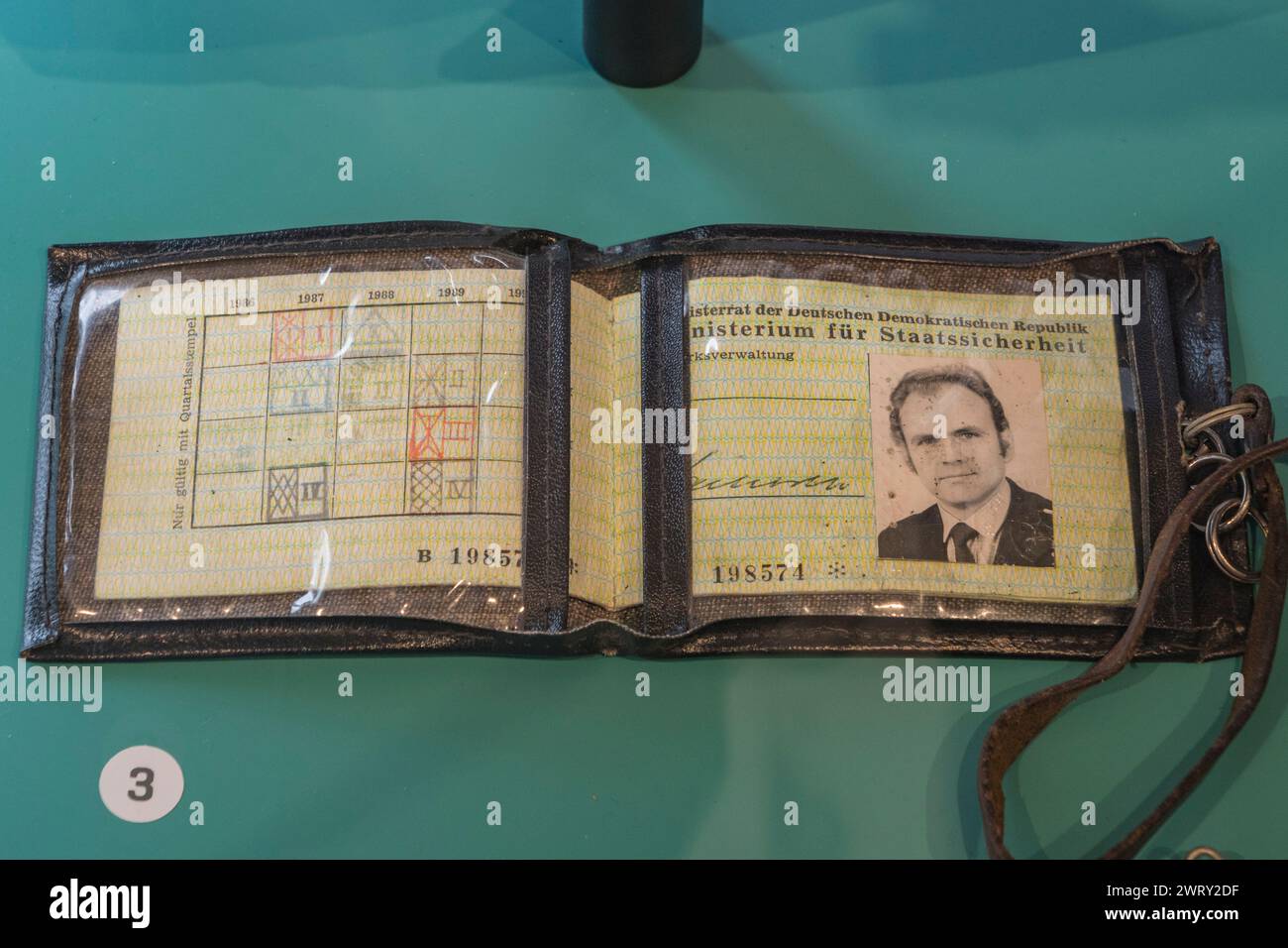 A MfS ID card for a member of the Stasi on display in the Stasi Museum, Berlin, Germany. Stock Photo