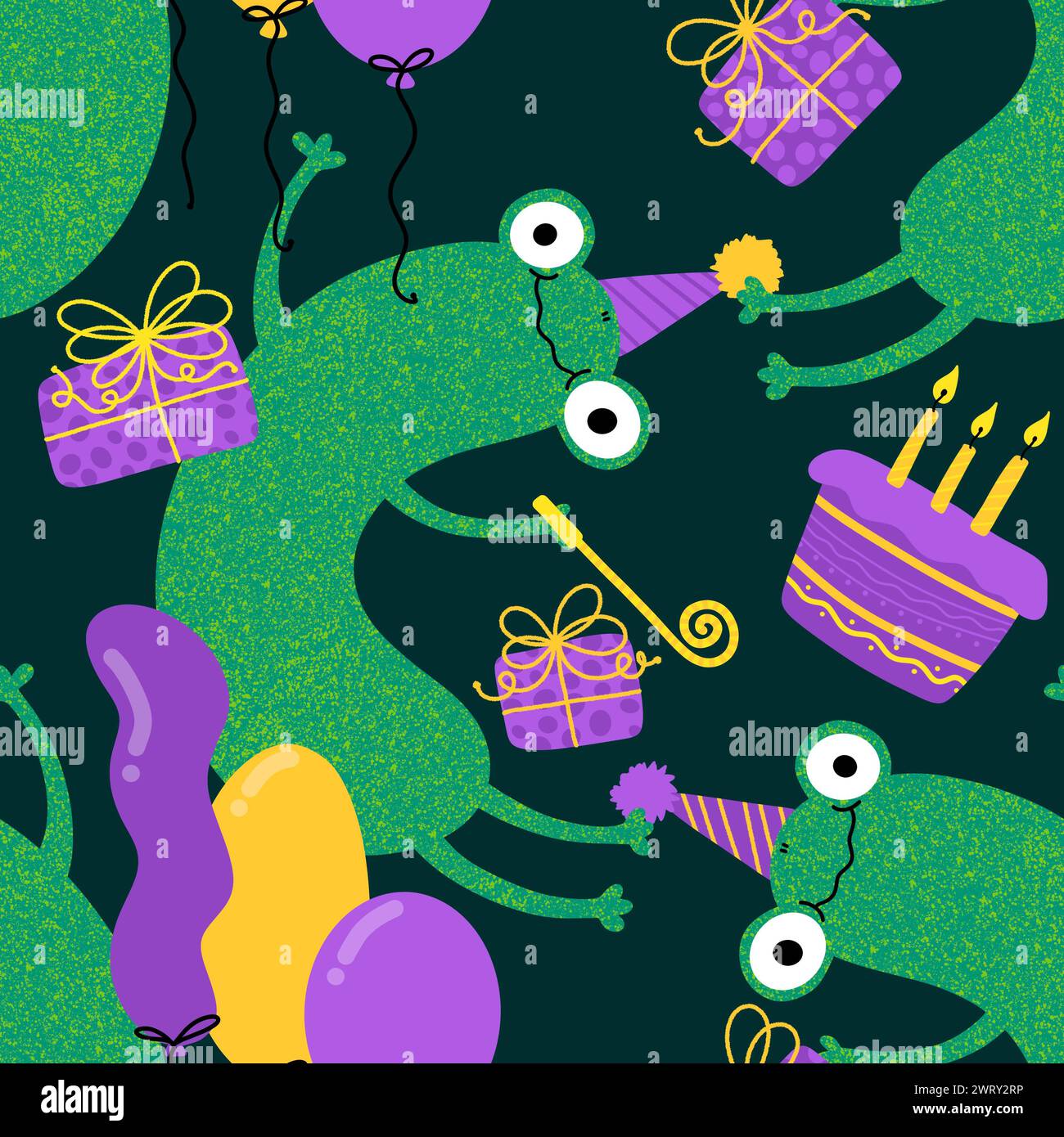 Cartoon animals birthday seamless frogs pattern for wrapping paper and fabrics and kids print and party accessories Stock Photo