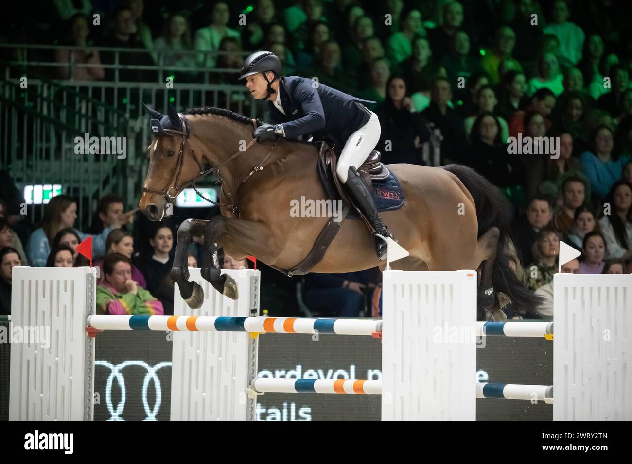 Denbosch, Netherlands - March 10, 2024. Max Kuhner of Austria riding EIC Daloubet compete in a 1.45 Speed Class during the 2024 Rolex Dutch Masters. Stock Photo