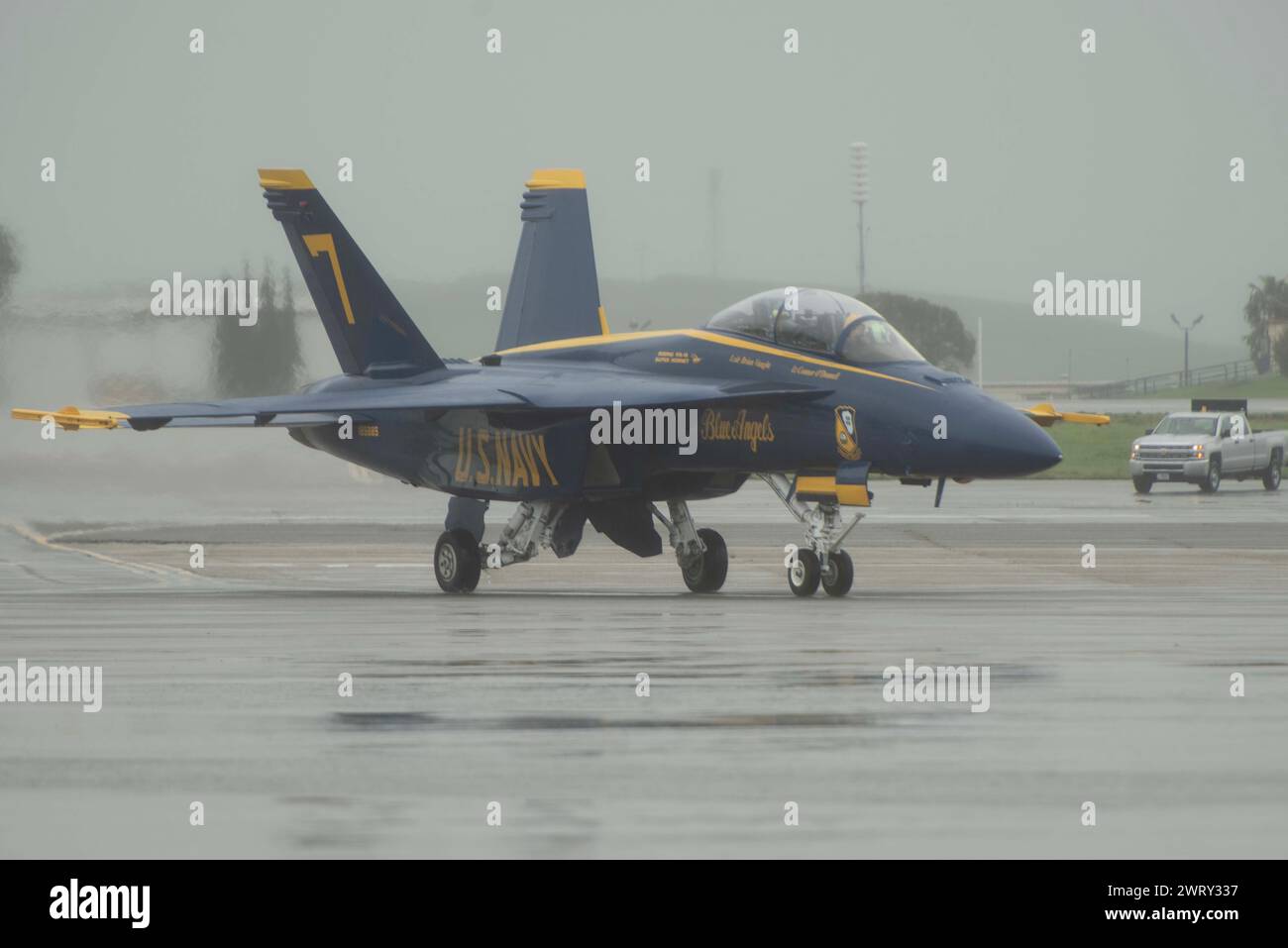 U.S. Navy Blue Angel #7 F/A-18F Super Hornet arrives at Travis Air Force Base, California, March ...