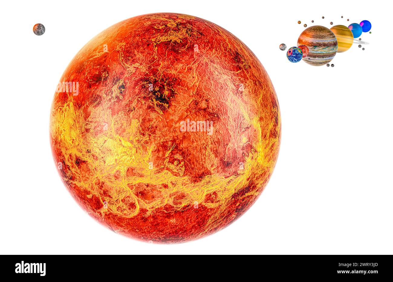 Venus with realistic texture and solar system, 3D rendering isolated on white background Stock Photo