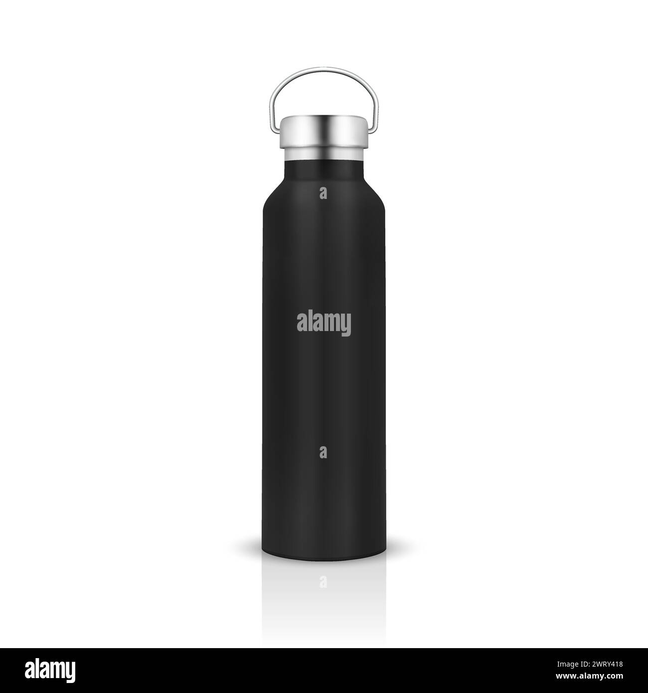 Vector Realistic 3d Black Color Metal or Plastic Blank Glossy Reusable Water Bottle with Silver Bung Closeup Isolated on White Background. Design Stock Vector