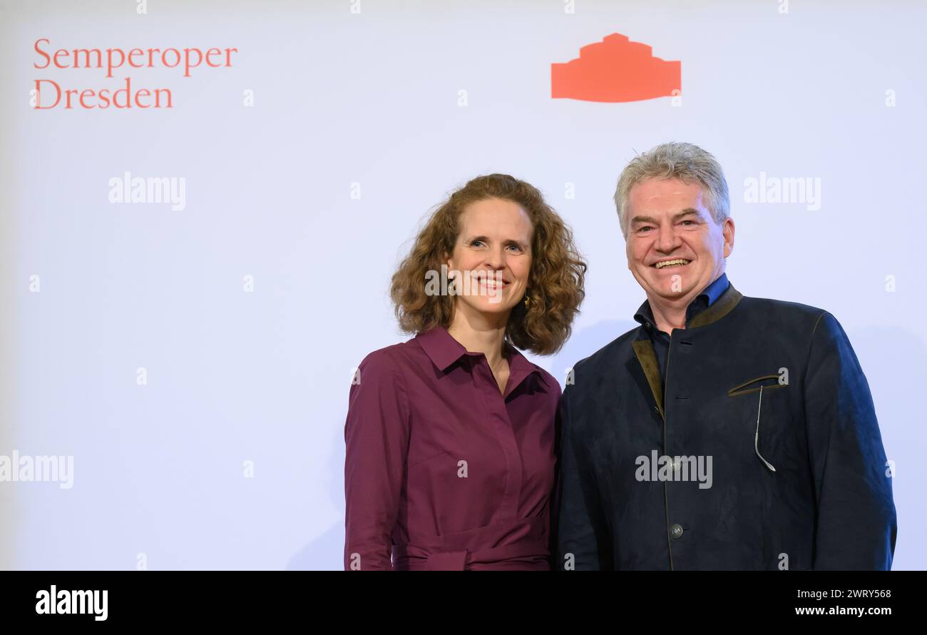 Dresden, Germany. 14th Mar, 2024. Nora Schmid (l), designated Artistic Director of the Semperoper Dresden, and Wolfgang Rothe, Commercial Director of the Semperoper, stand in the Rundfoyer of the opera house before the start of the press conference on the presentation of the 2024/2025 season. Credit: Robert Michael/dpa/Alamy Live News Stock Photo