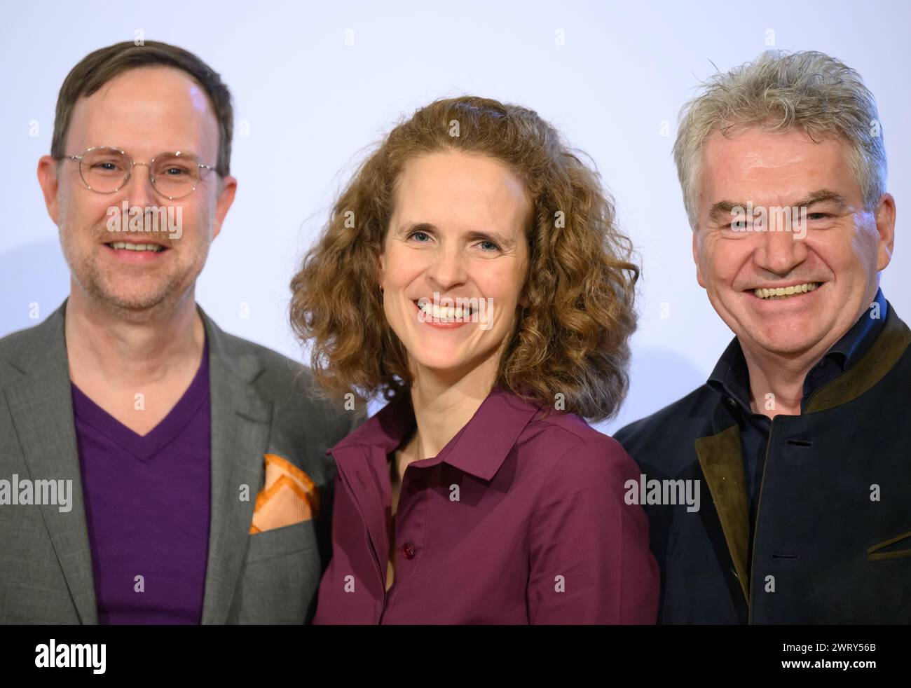 Dresden, Germany. 14th Mar, 2024. Nora Schmid (M), designated Artistic Director of the Semperoper Dresden, Jörg Rieker (l), designated Chief Dramaturge, and Wolfgang Rothe, Commercial Director of the Semperoper, stand in the Rundfoyer of the opera house before the start of the press conference on the 2024/2025 season presentation. Credit: Robert Michael/dpa/Alamy Live News Stock Photo