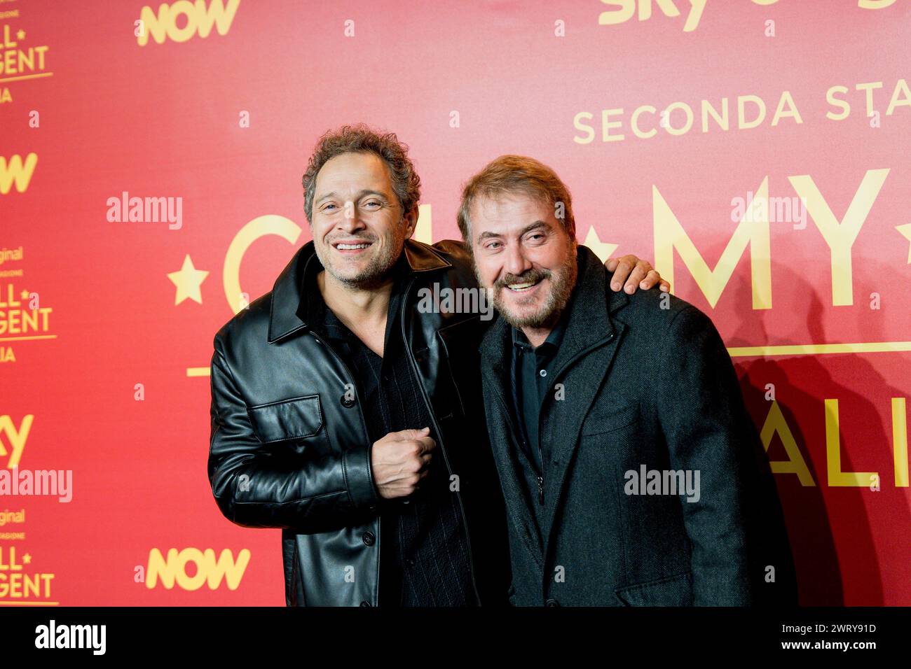 ROME, ITALY - MARCH 14:   Corrado Guzzanti and Claudio Santamaria attend the premiere for the sky second season of 'Call My Agent' at The Space Modern Stock Photo