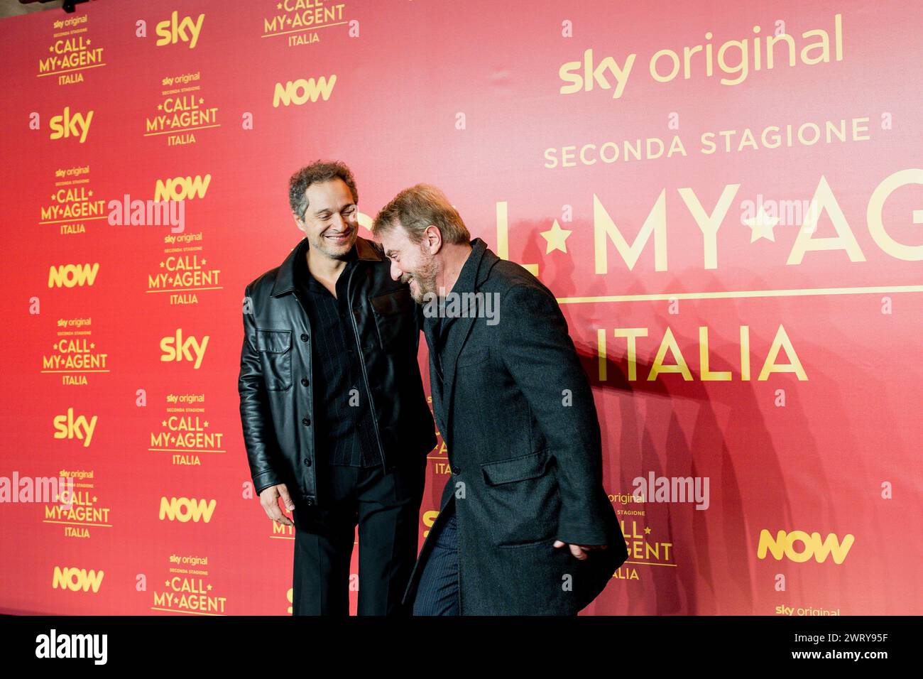 ROME, ITALY - MARCH 14:   Corrado Guzzanti and Claudio Santamaria attend the premiere for the sky second season of 'Call My Agent' at The Space Modern Stock Photo