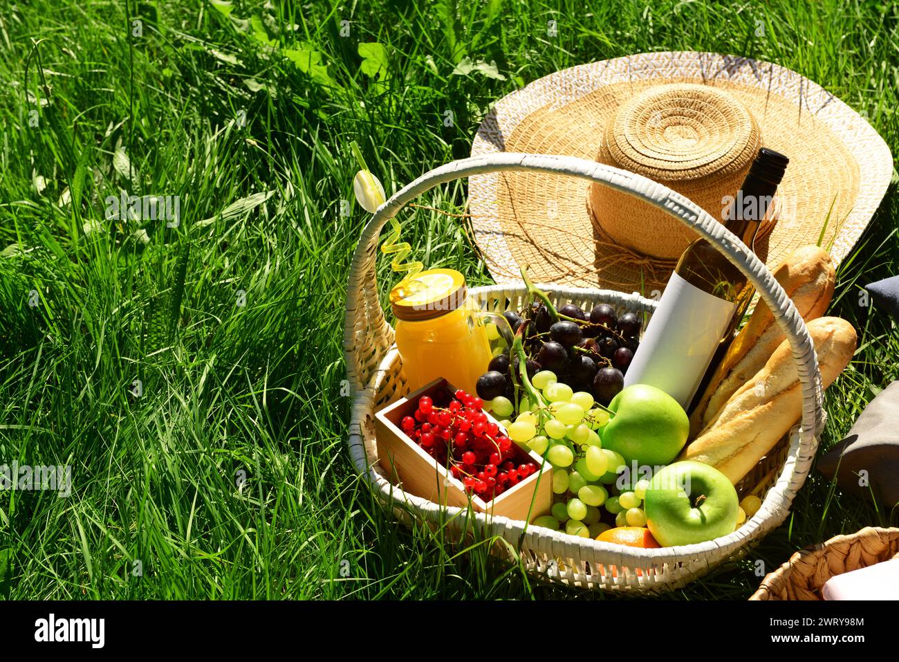 Set for romantic picnic with wicker basket full of tasty food and ...