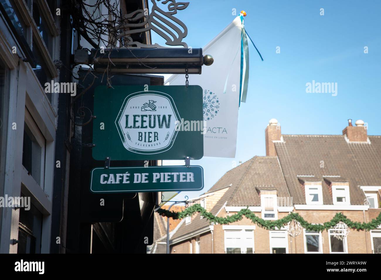 Picture of a sign with the logo of Leeuw beer taken on a bar in Maastricht, Netherlands. De Leeuw Bierbrouwerij BV is an independent Dutch brewery in Stock Photo