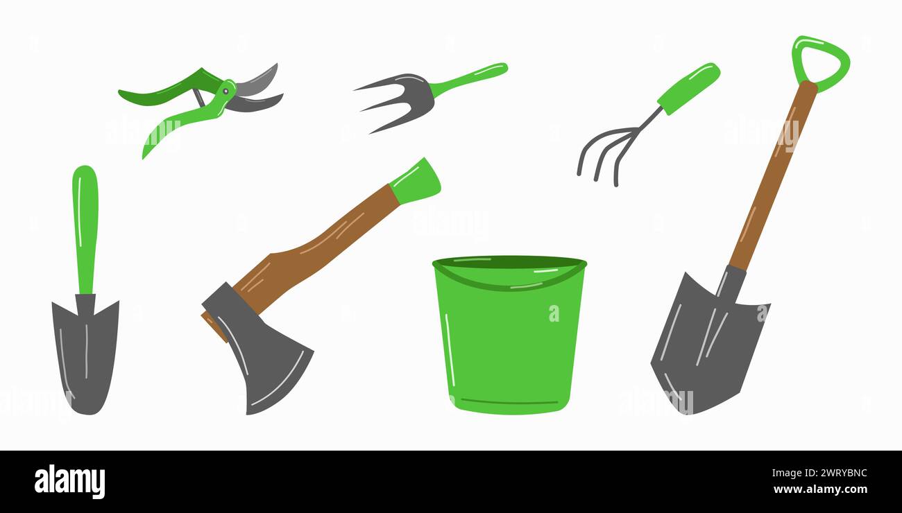 Garden tools and accessories set white background. Axe shovel bucket ripper. For website gardeners store banner. Vector illustration. Stock Vector
