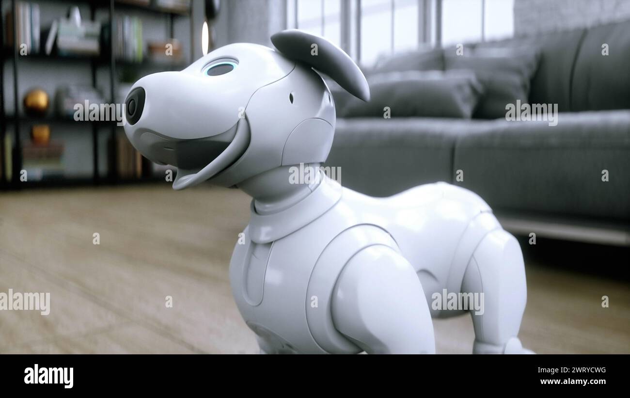 small funny robotic smart dog wakes up in the room. 3d rendering. Stock Photo