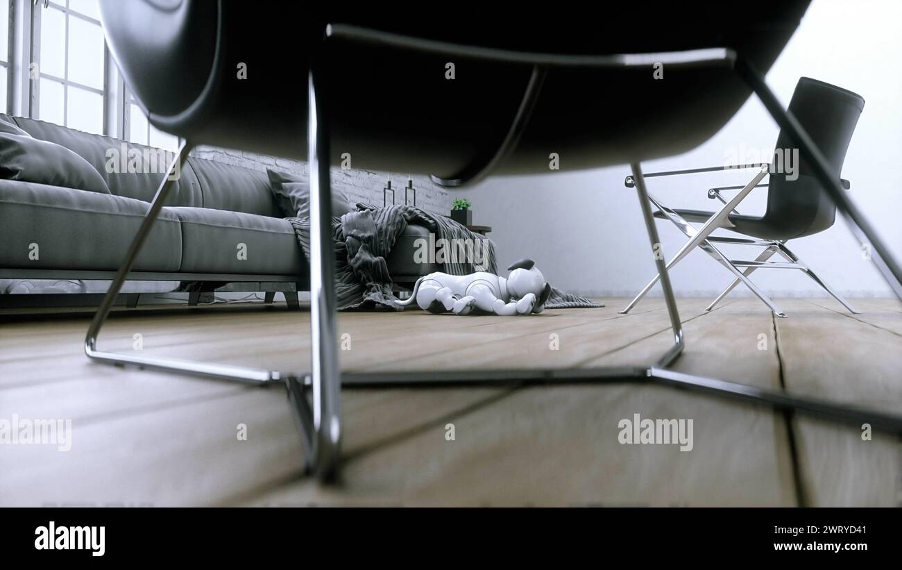 small funny robotic smart dog wakes up in the room. 3d rendering. Stock Photo
