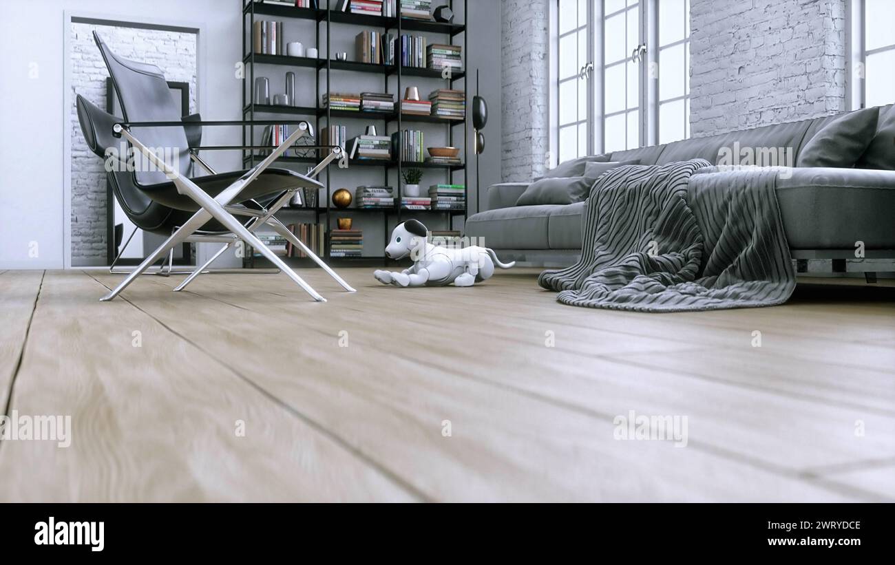 small funny robotic smart dog wakes up in the room. 3d rendering. Stock Photo