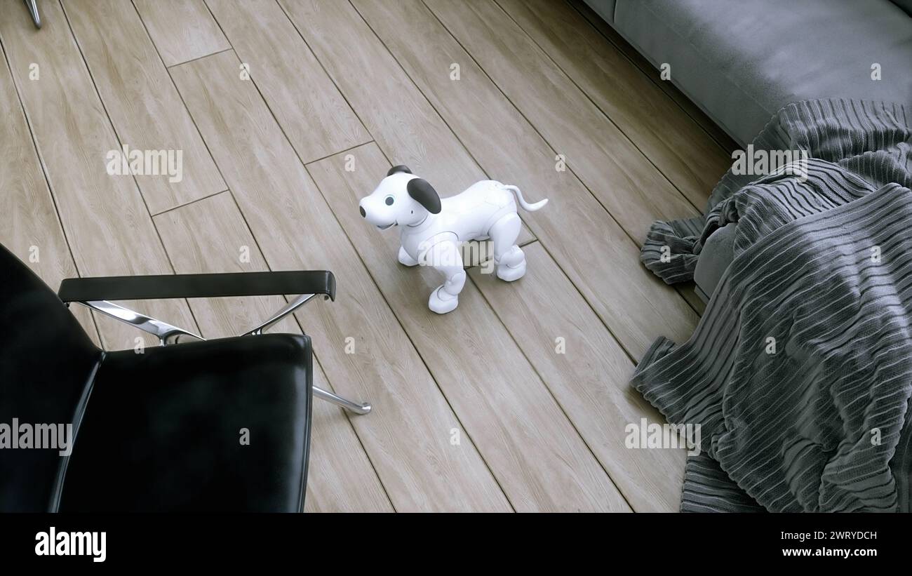 small funny robotic smart dog wakes up in the room. 3d rendering. Stock Photo