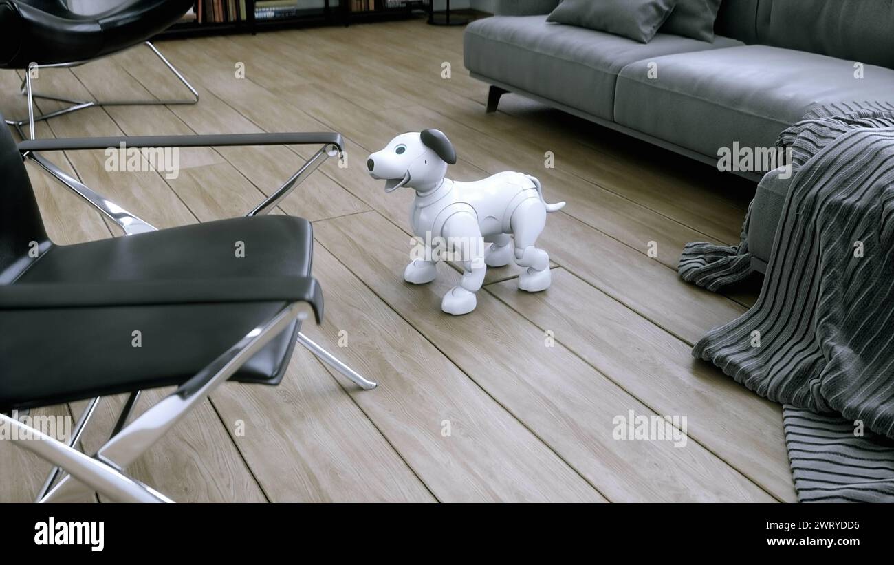 small funny robotic smart dog wakes up in the room. 3d rendering. Stock Photo