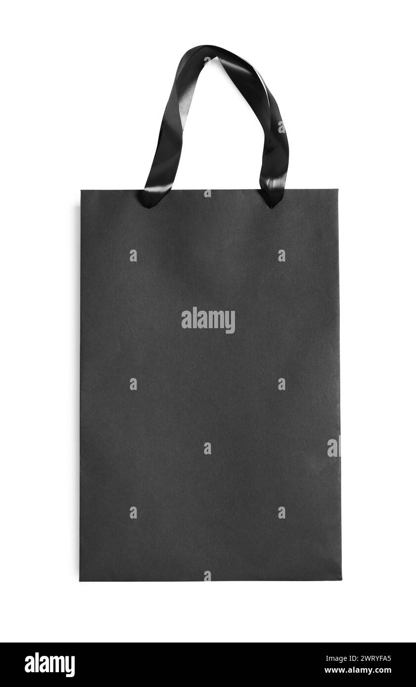 One black paper shopping bag isolated on white, top view Stock Photo