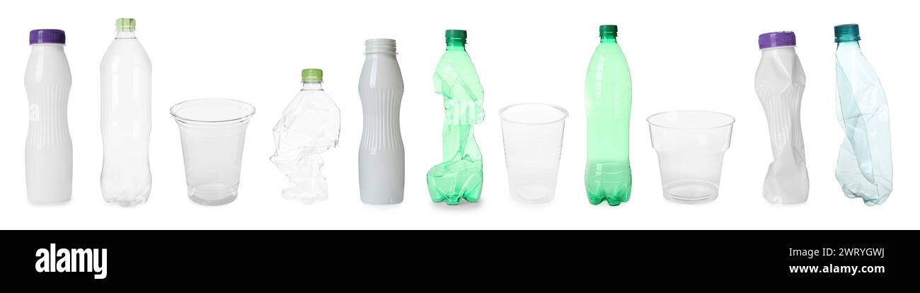 Different plastic bottles and cups isolated on white, set Stock Photo