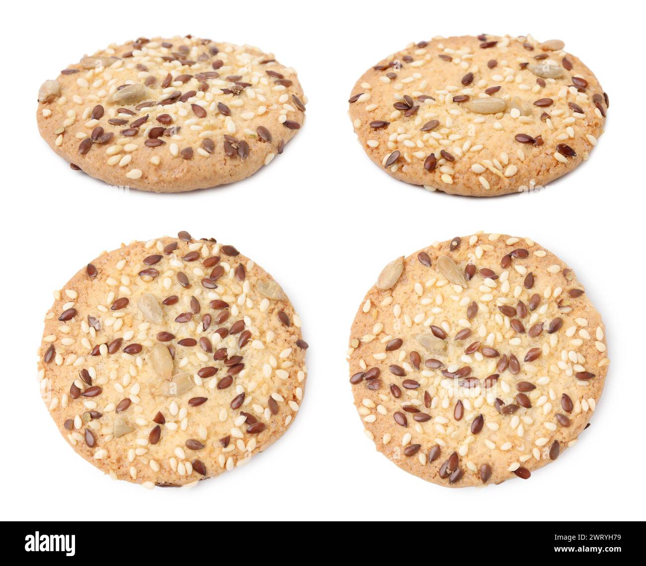 Delicious crackers with flax and sesame seeds isolated on white, set ...