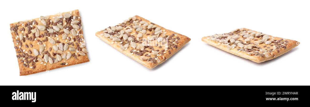Delicious crackers with flax and sesame seeds isolated on white, set ...