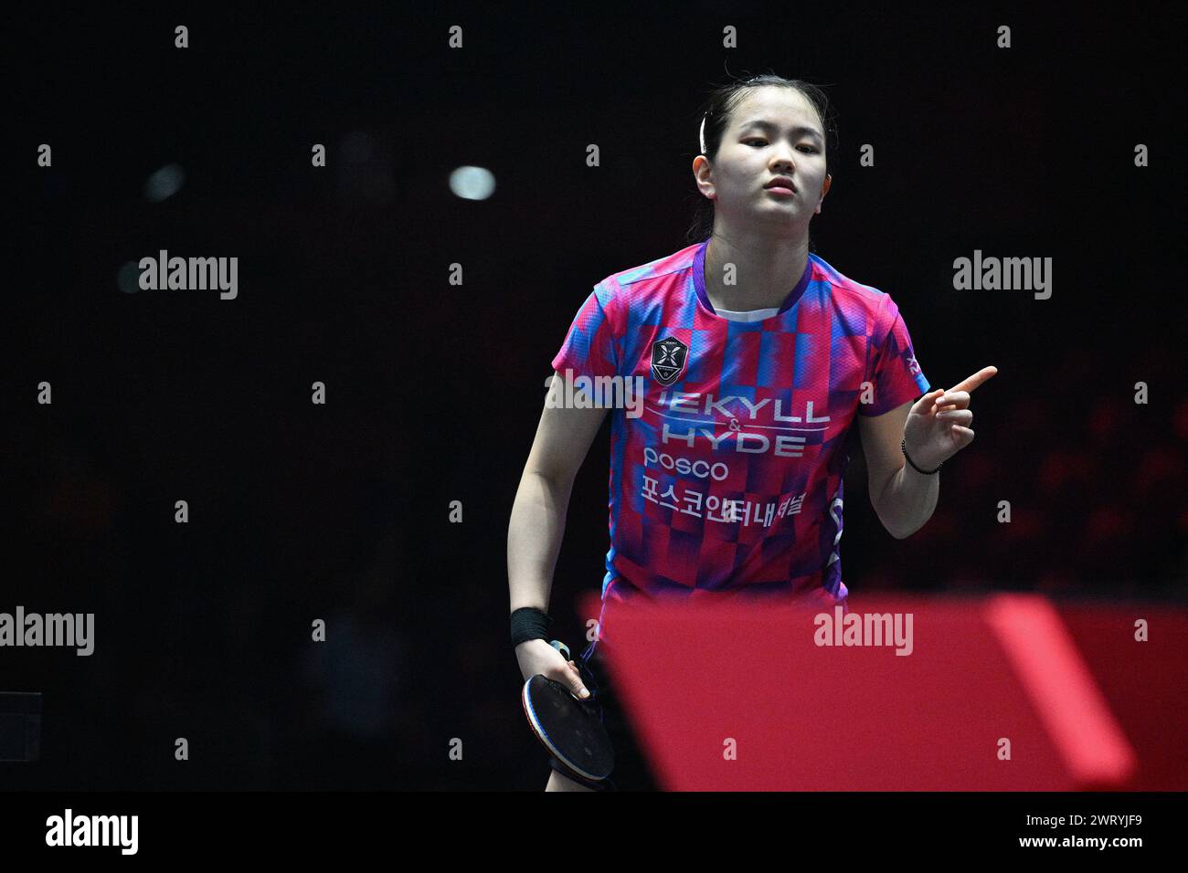 Singapore. 14th Mar, 2024. Kim Nayeong of South Korea celebrates during
