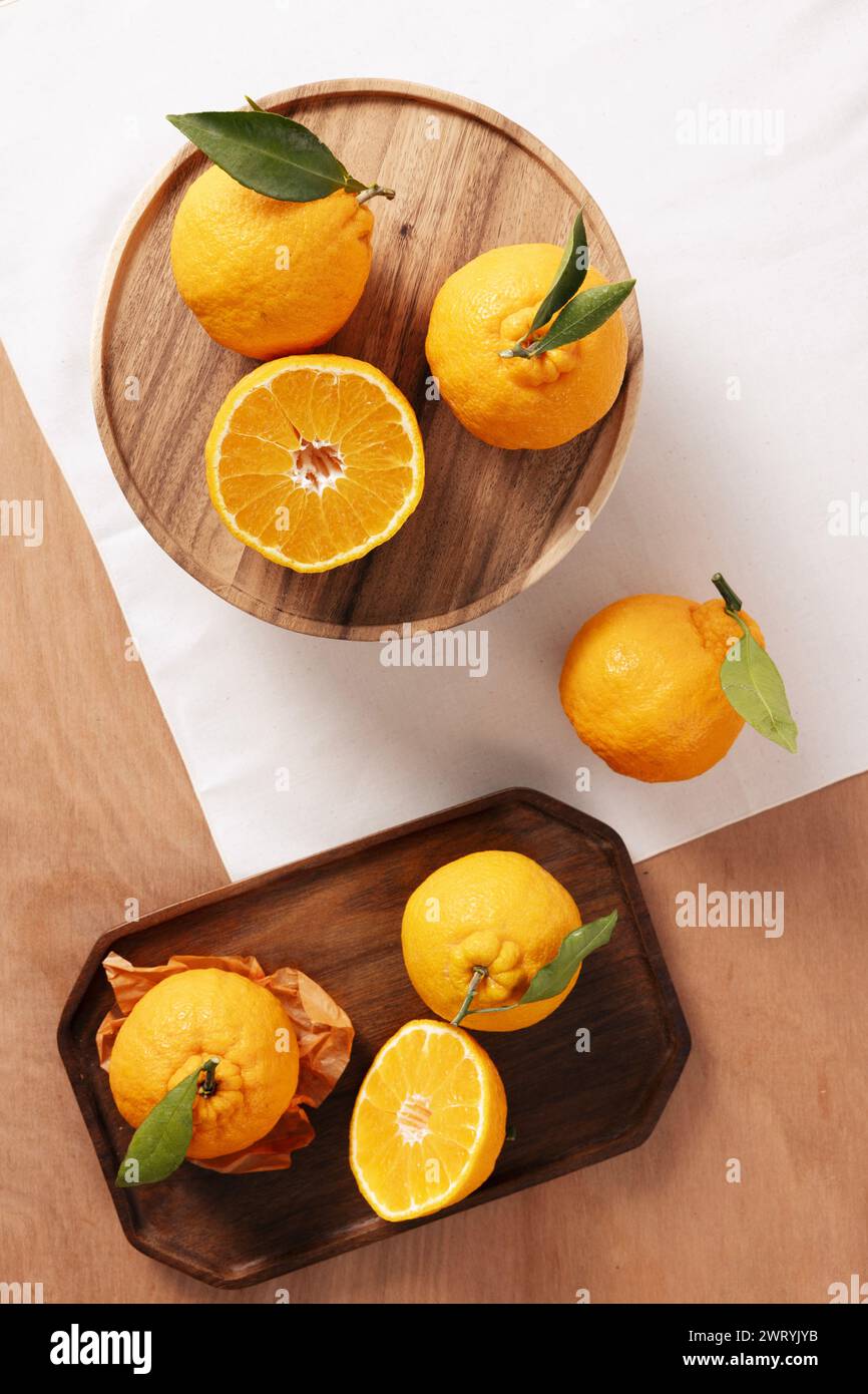 Fresh Hallabong in a wooden tray Stock Photo