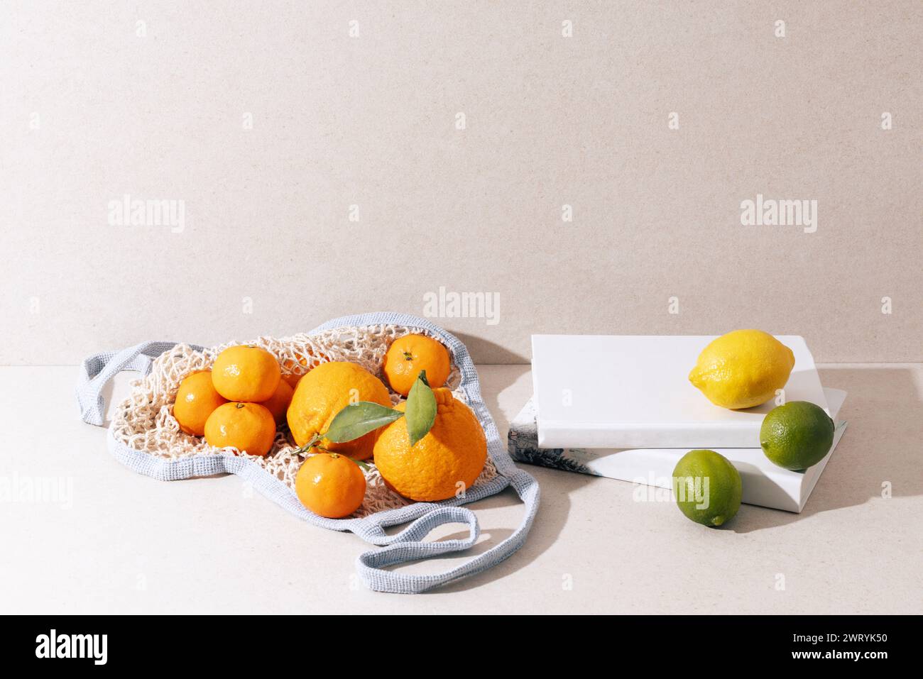 yellow lemons on two green tone backgrounds Stock Photo