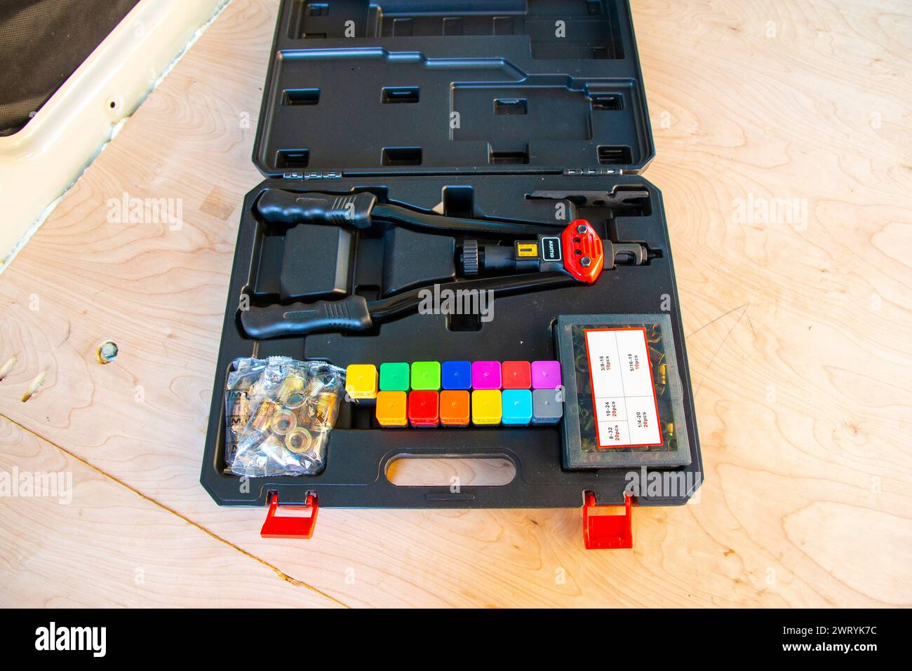 Aiuitio rivet nut tool set used in Mercedes Benz sprinter cargo van conversion to mobil home. Cary, North Carolina, Stock Photo