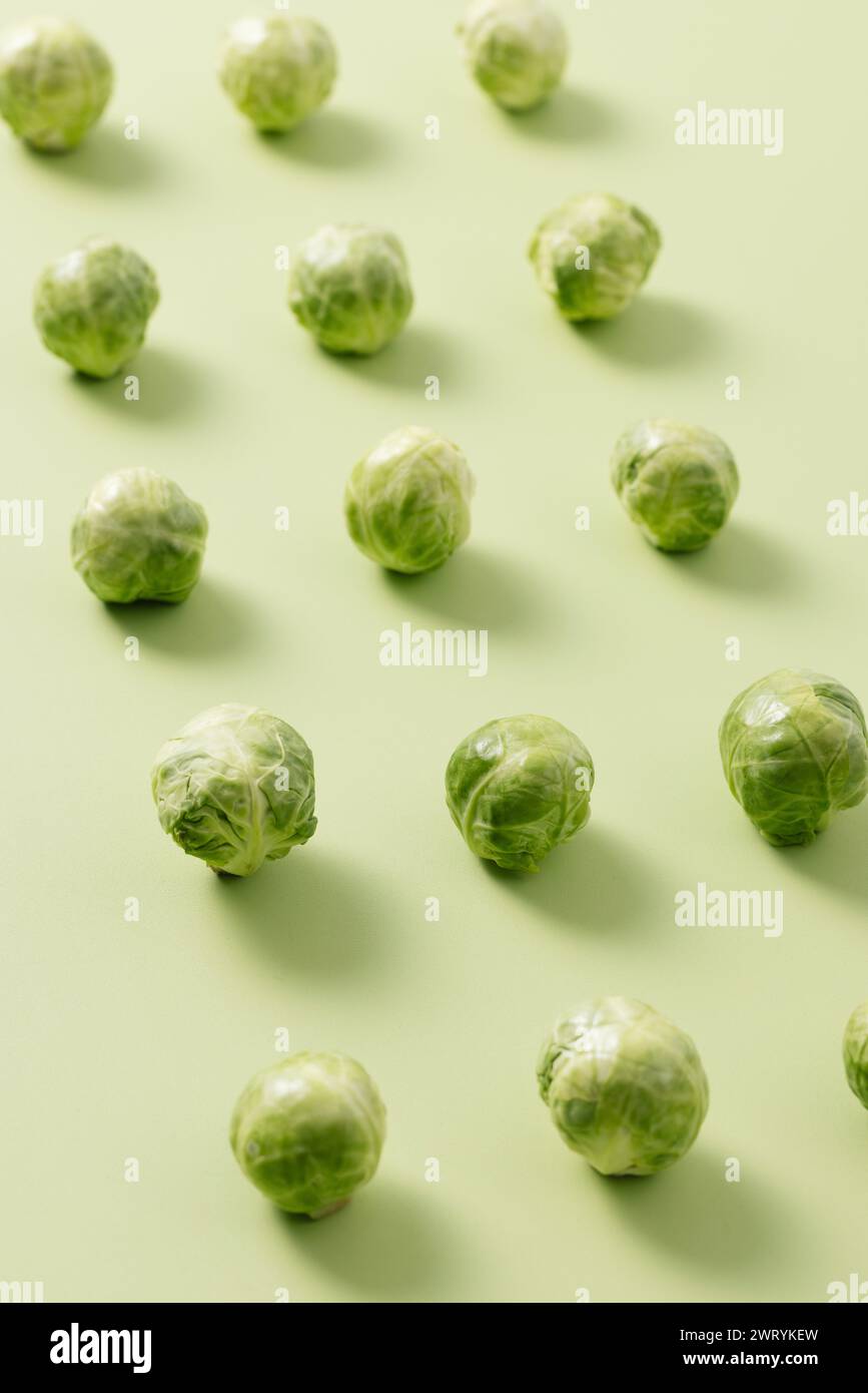 an oblique arrangement of mini cabbage on a light green background Stock Photo