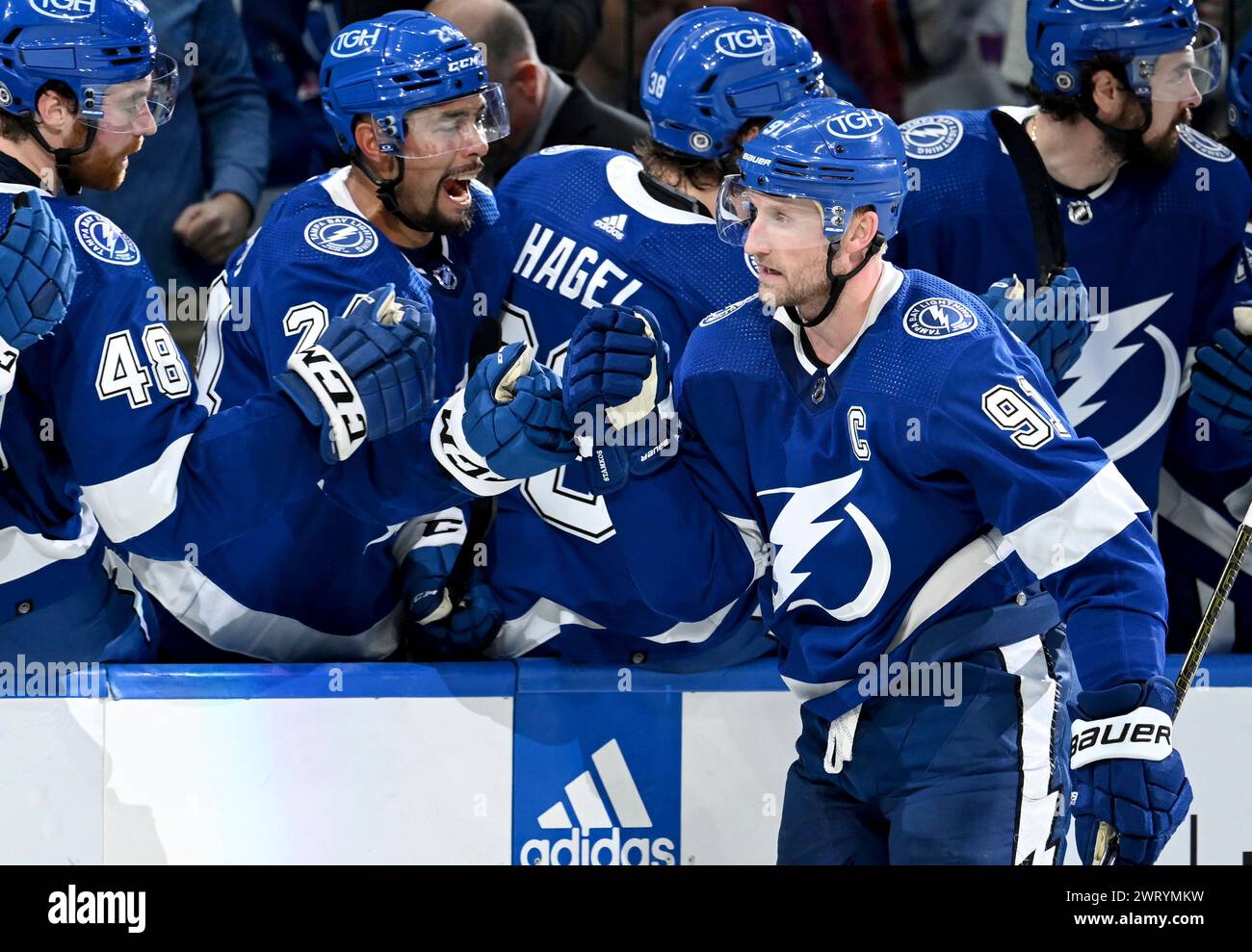 Tampa Bay Lightning center Steven Stamkos (91) celebrates his goal