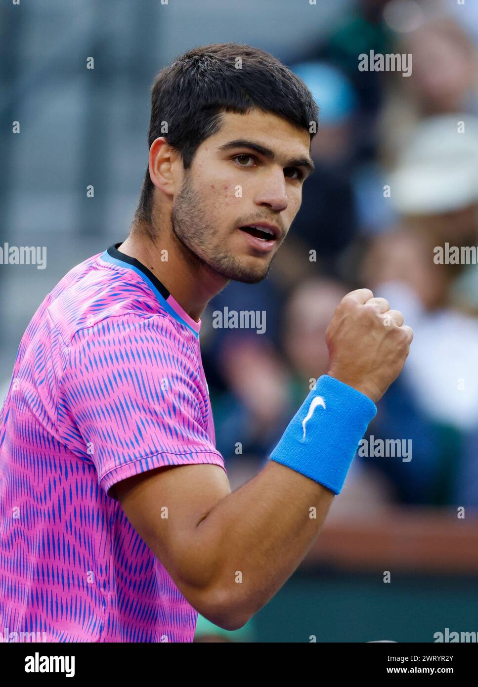 March 14, 2024 Carlos Alcaraz of Spain reacts to winning a point
