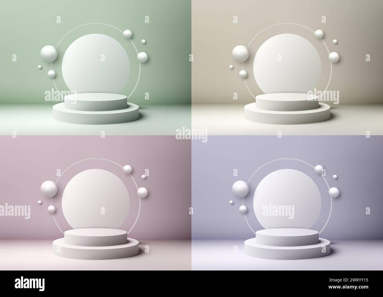 3D White podium mockup with white circle backdrop and sphere elements ...