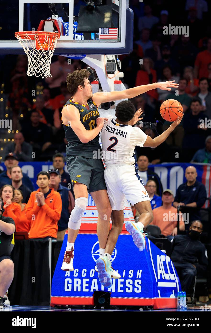 March 14, 2024: Virginia Cavaliers Guard (2) Reece Beekman goes up against Boston College Eagles Forward (12) Quinten Post during an ACC Men's Basketball Tournament game between the Virginia Cavaliers and the Boston College Eagles at Capital One Arena in Washington, DC Justin Cooper/CSM Stock Photo