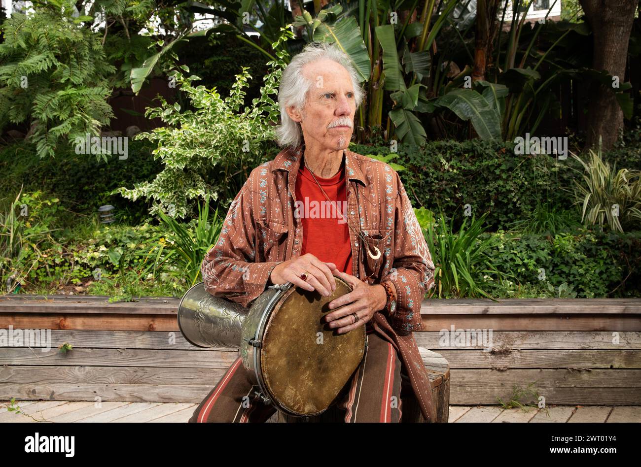 John Densmore drummer from The Doors portraits at home in Los Angeles on 18th October 2023 Pic