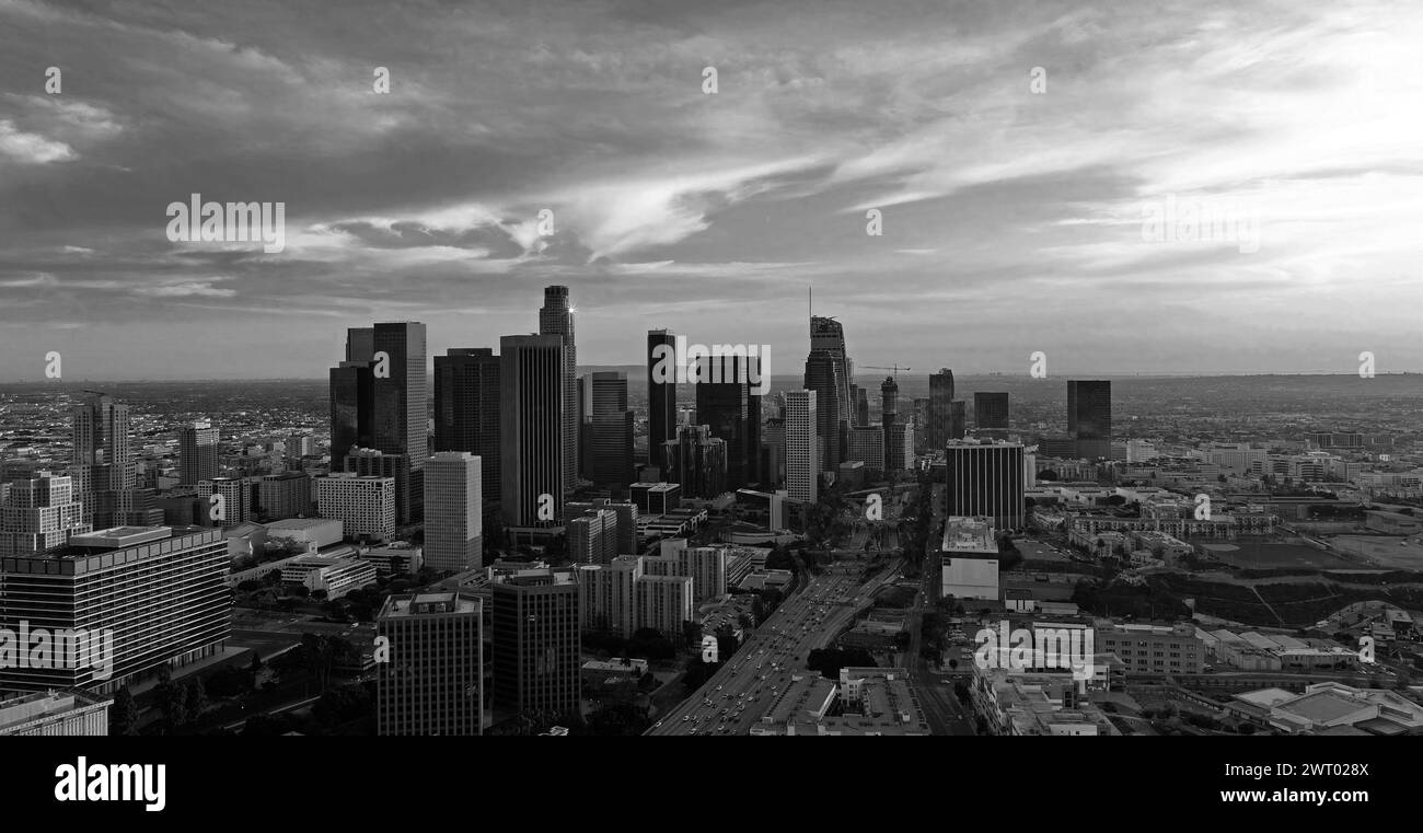 Los angeles aerial view, flying with drone. City of Los Angeles