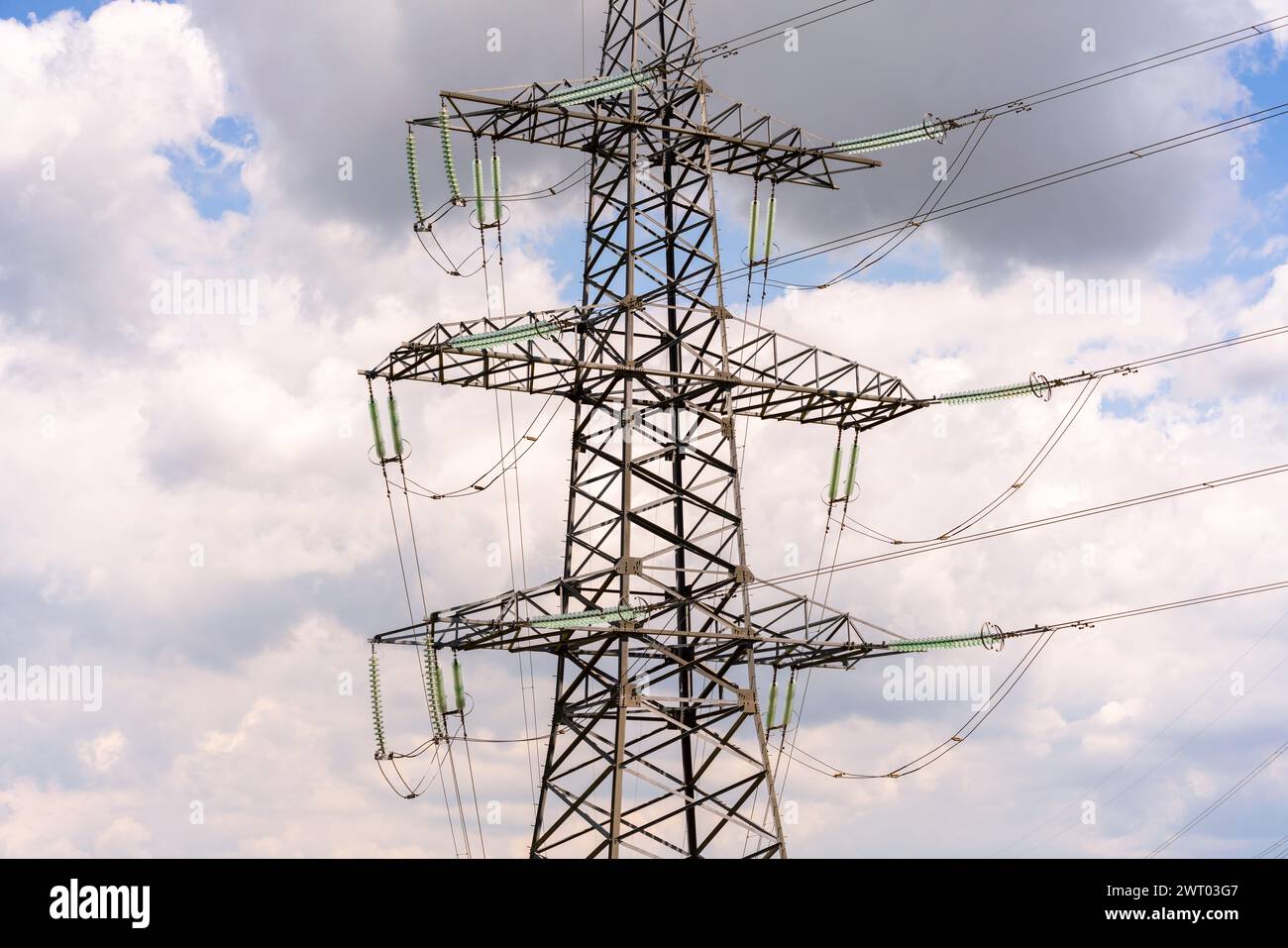 High voltage towers with sky background. Power line support with wires ...