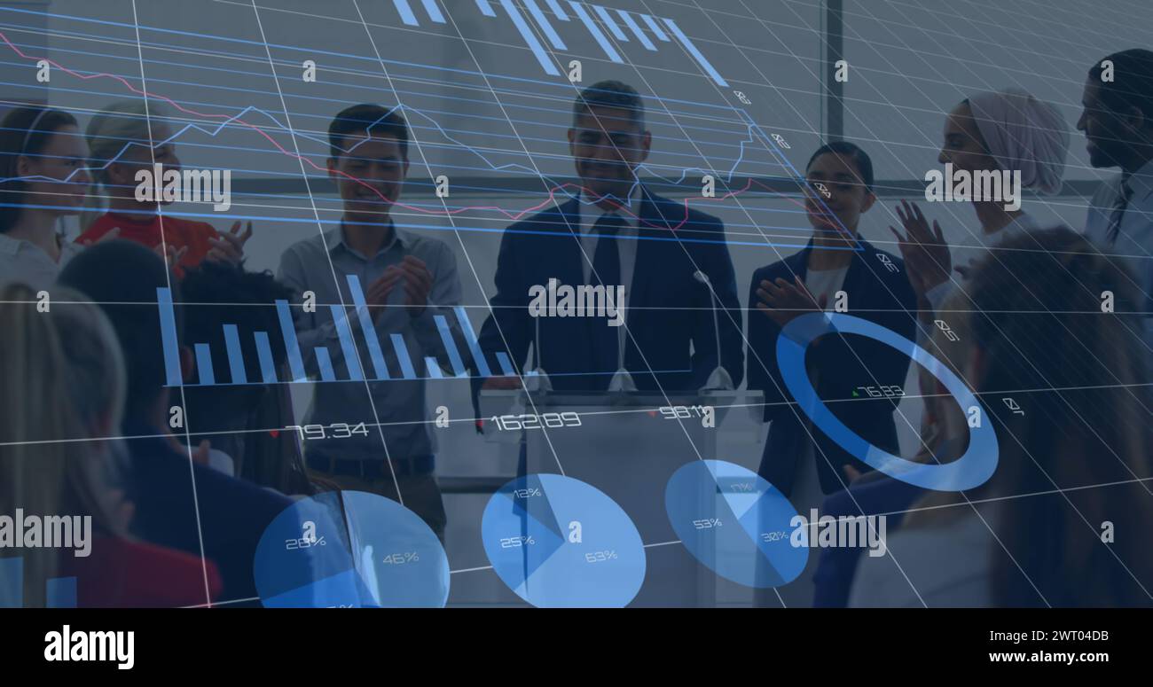 Image of data processing over diverse business people talking Stock ...