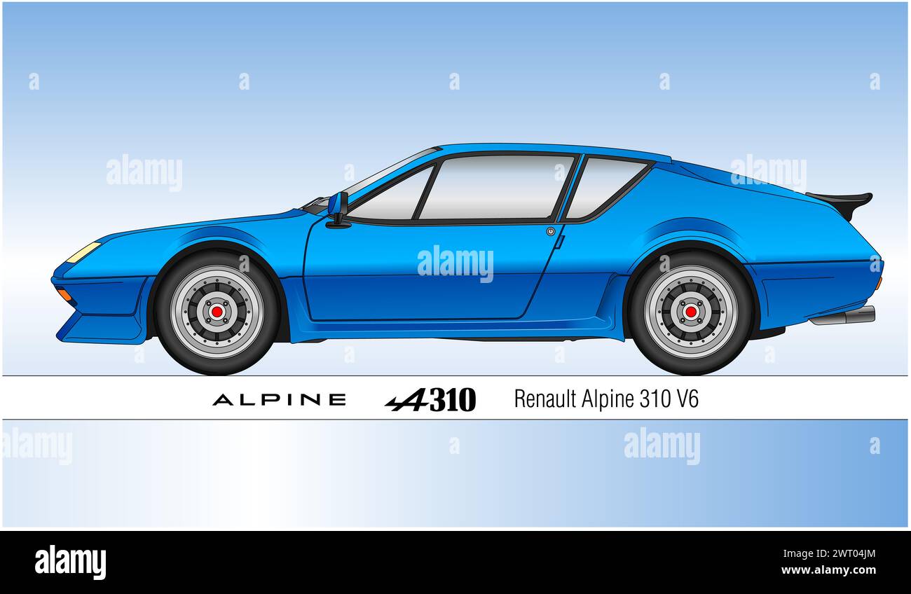 France, year 1971, Renault Alpine A310 V6 vintage classic car, silhouette outlined on the white background, coloured vector illustration Stock Photo