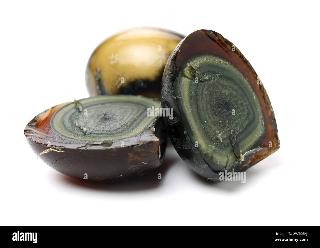 preserved duck eggs on white background Stock Photo - Alamy
