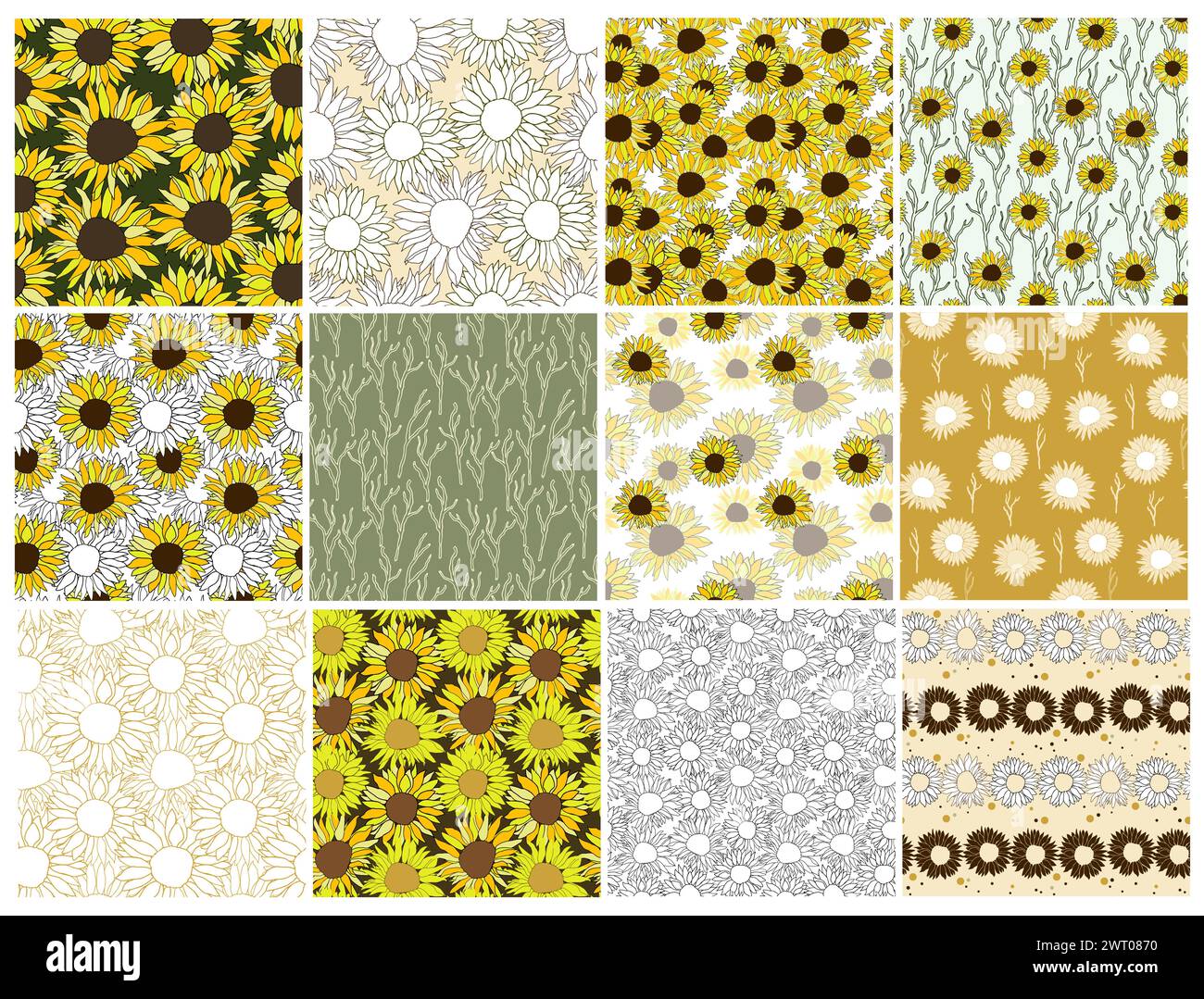 Sunflower head flower seamless pattern set for textile or surface. Hand drawn floral vector elements Vector background. Stock Vector