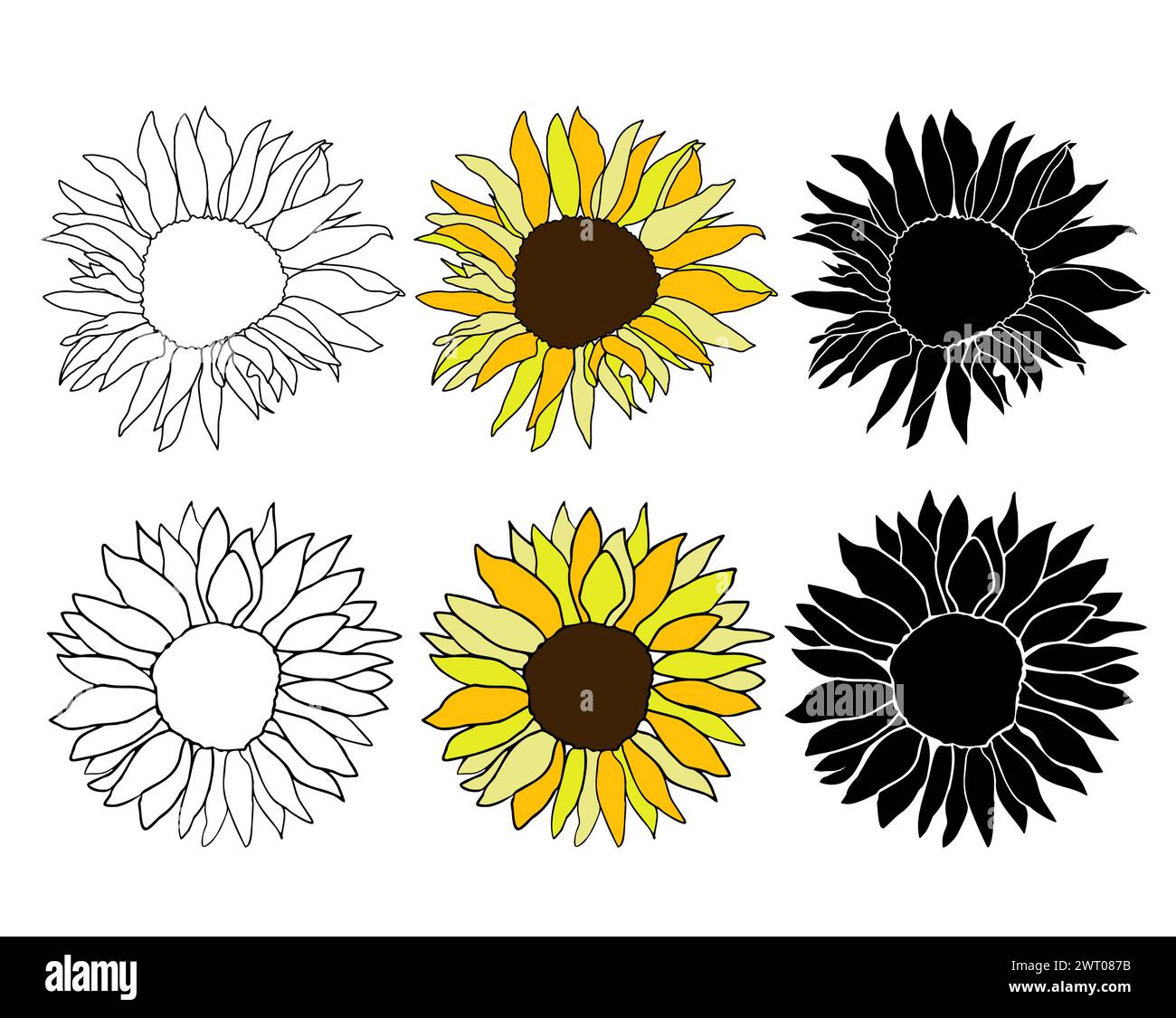 Sunflower head hand drawn elements set for design. Silhouette, line art black ink and colorful flower. Vector clip art for logo, coloring page, isolat Stock Vector