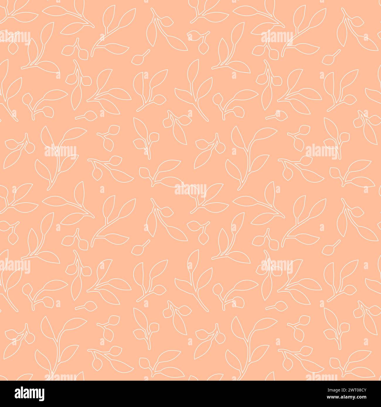 Delicate floral vine leaves seamless pattern with hand drawn plants elements for textile or wallpaper, scrapbook paper. Peach fuzz color 2024 vector b Stock Vector