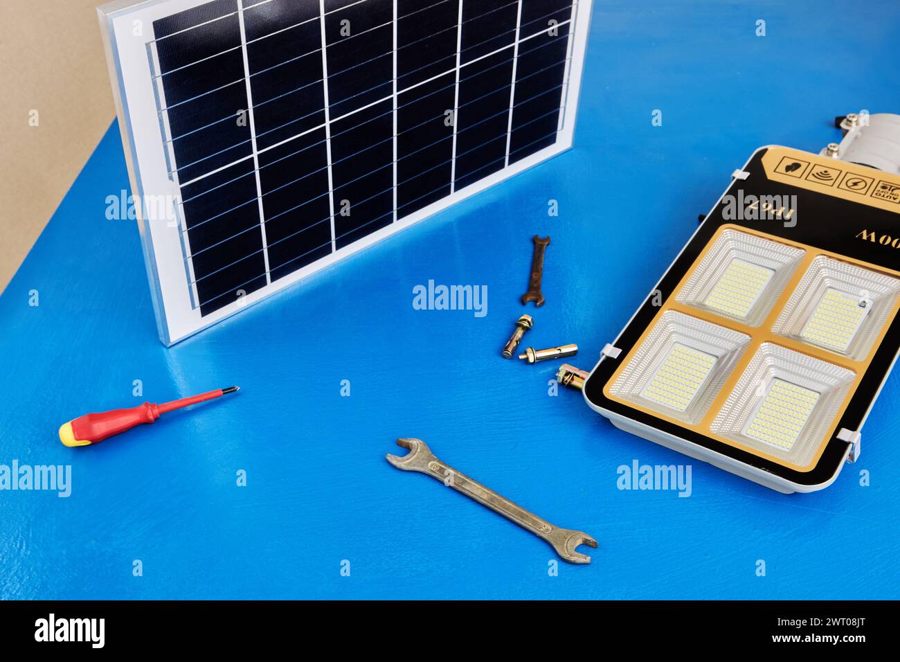 Standalone LED Street Lighting System with solar module for charging battery, assembly after purchase. Stock Photo