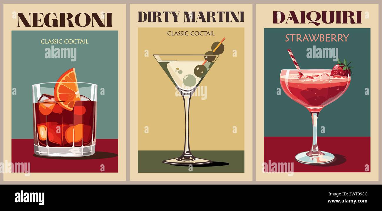 Cocktails retro poster set vector kitchen wall art Stock Vector