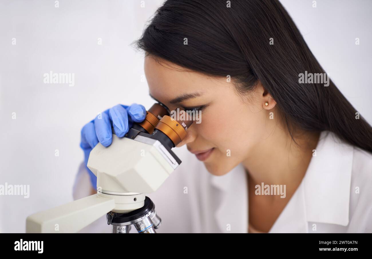Woman, laboratory and microscope for science experiment for medical ...