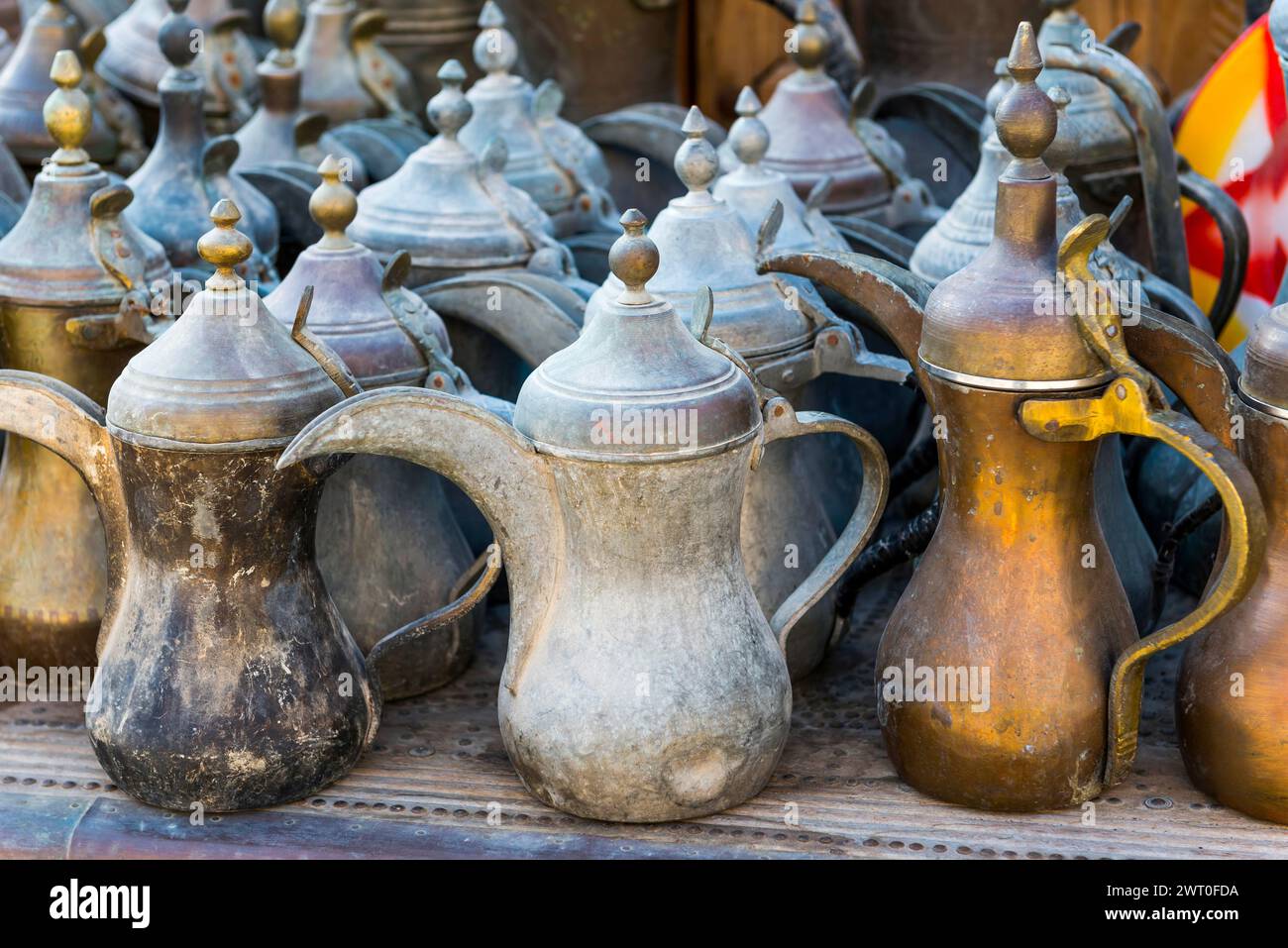 Traditional coffee pots, pot, coffee, mocha, Muslim, Islam, Arabic, old, Orient, oriental, travel, culture, cultural history, drink, flea market Stock Photo
