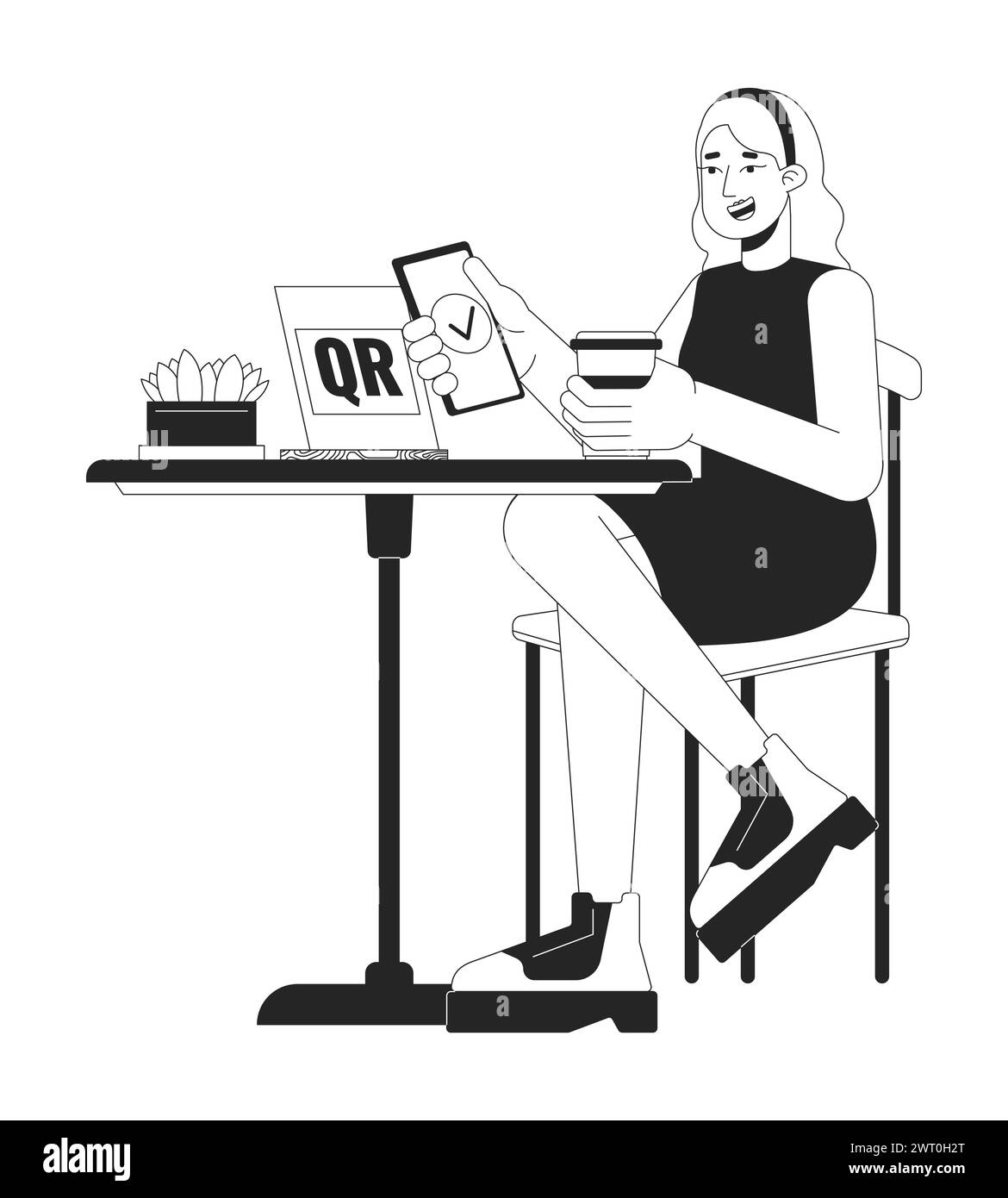 Female cafe customer scanning qr code black and white 2D line cartoon