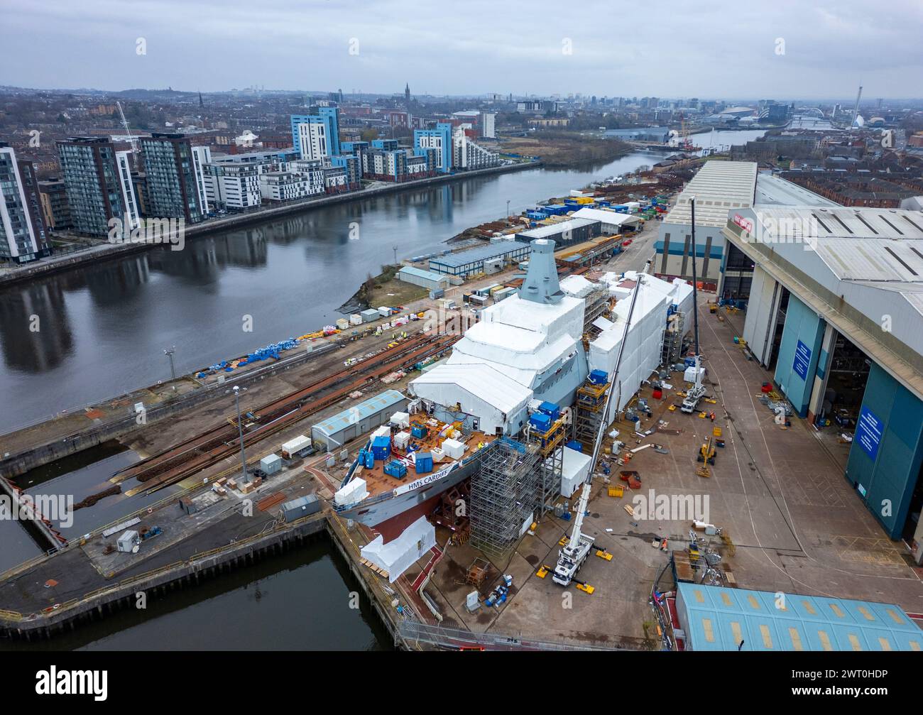 Aerial view of HMS Cardiff seen under construction at BAE Systems shipyard on the River Clyde at Govan. She is the second Type 26 frigate to be built Stock Photo