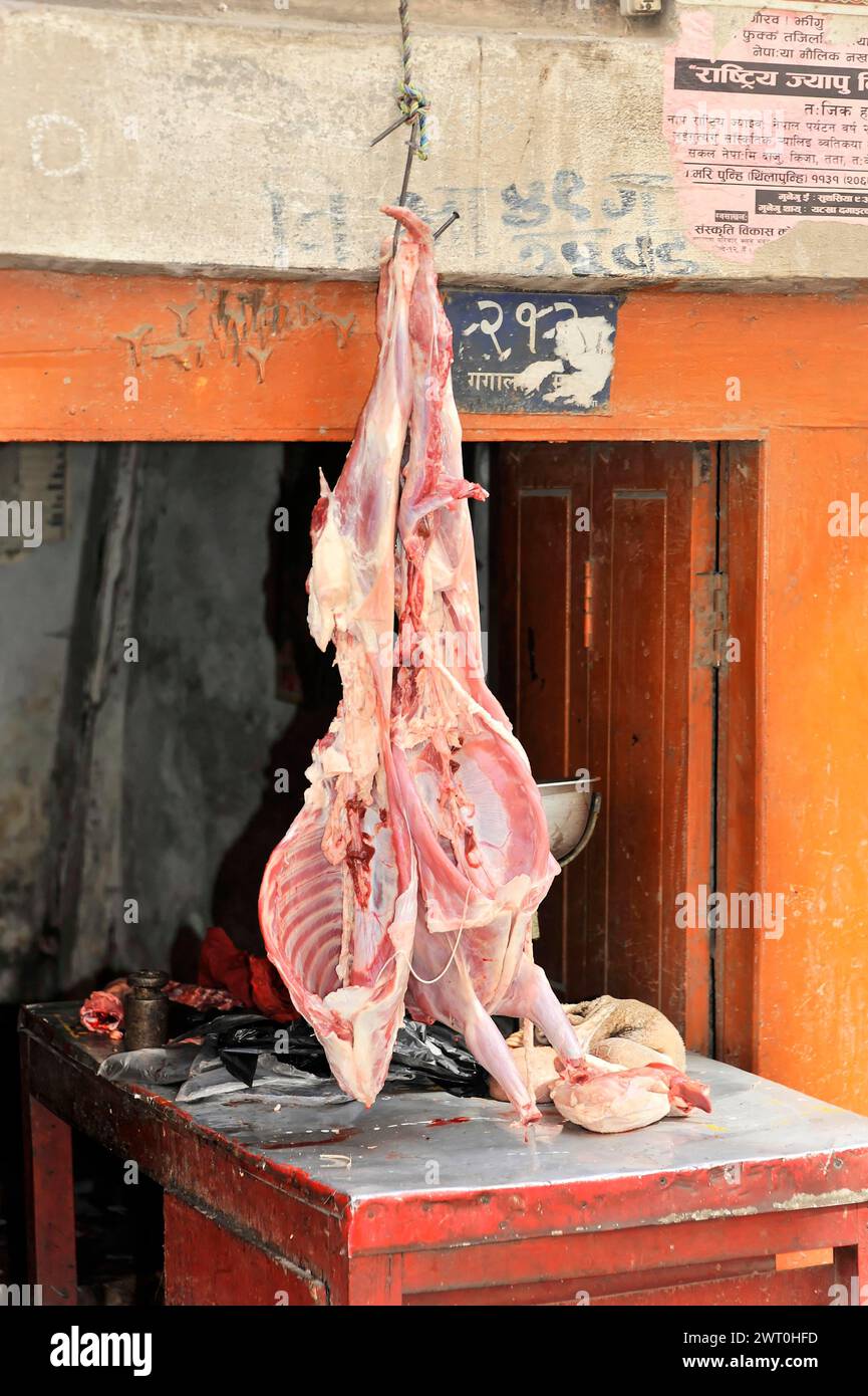 Piece of meat hanging on a hook in front of a shop, Kathmandu Valley, Nepal Stock Photo